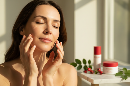 Femme épanouie appliquant un sérum sur son visage, peau lumineuse et ferme, produits Byenbel rouges et blancs en arrière-plan — routine anti-âge naturelle après 40 ans