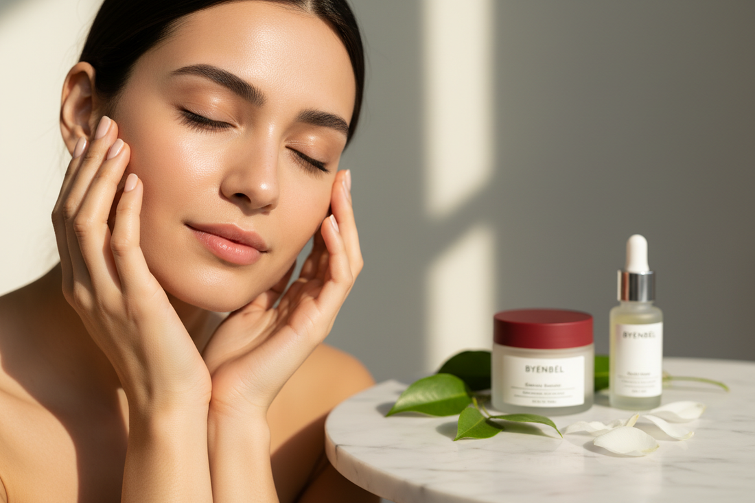 Femme souriante aux mains sur le visage, peau lumineuse, produits Byenbel en arrière-plan — soins naturels premium français