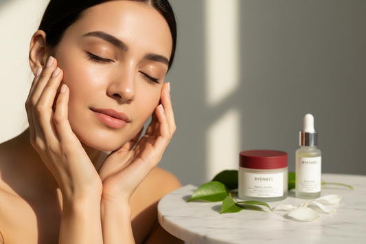 Femme souriante aux mains sur le visage, peau lumineuse, produits Byenbel en arrière-plan — soins naturels premium français