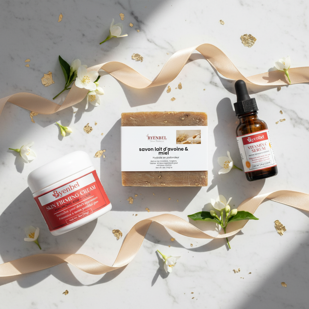 Coffret Éclat Fermeté – Flat lay marbre blanc & or