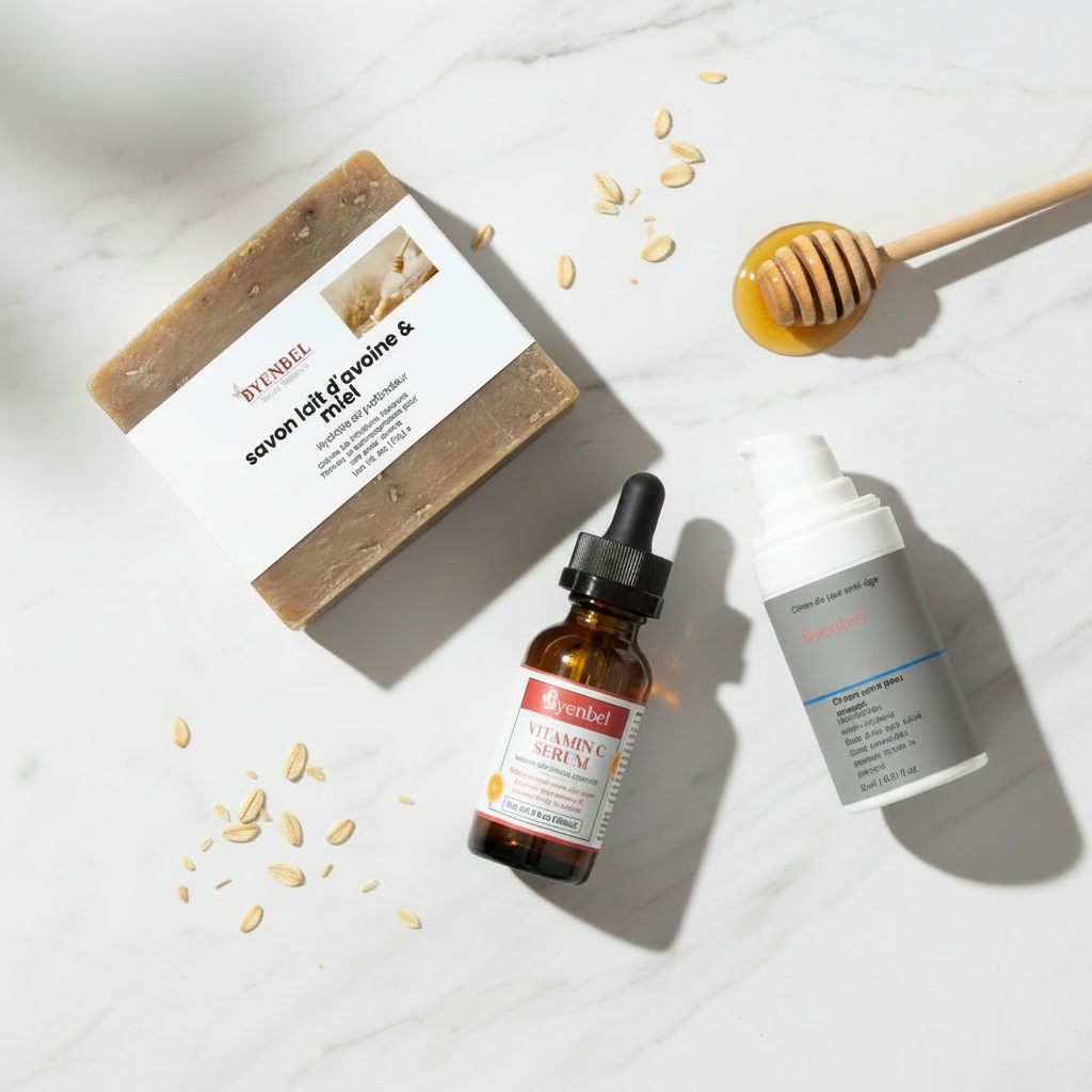 Pack Essentiel Éclat Naturel – Flat lay marbre