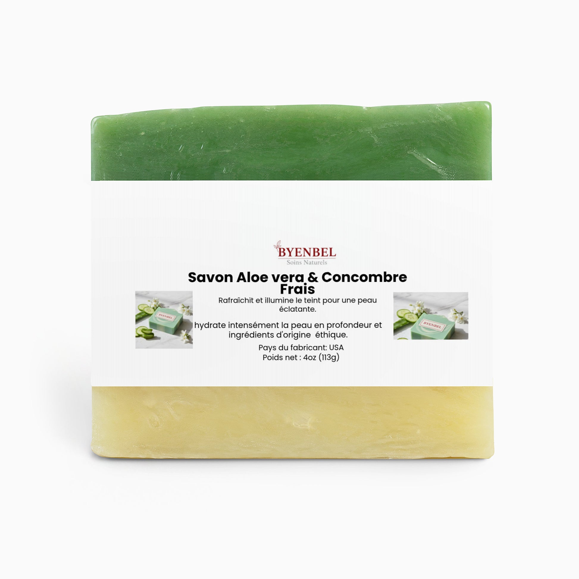 Savon Aloe vera Concombre frais de Byenbel, hydratant et rafraîchissant pour une peau douce et éclatante.